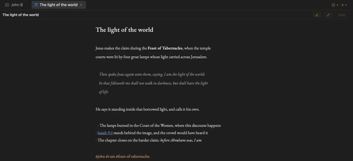 A note in reading mode: concealed Markdown, a blockquote, tags, and an auto-linked verse reference