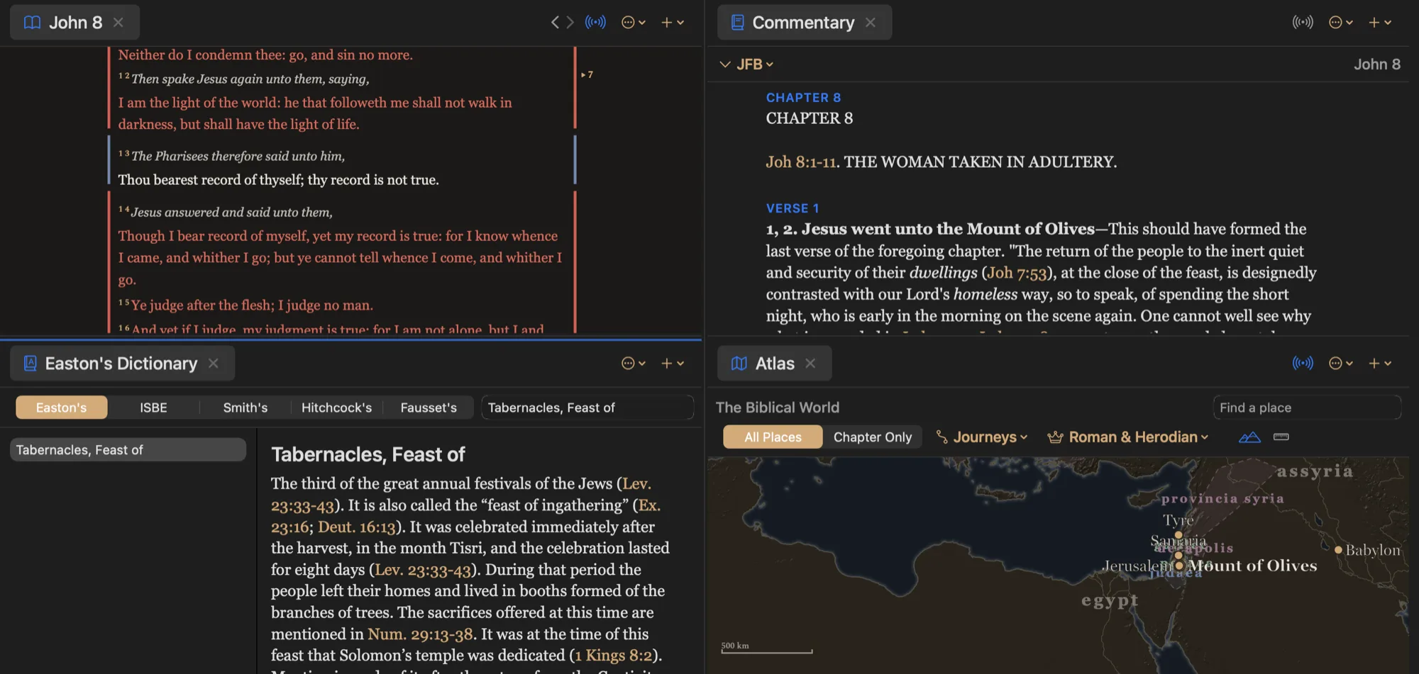 Wellspring Study with Scripture, commentary, a dictionary and the atlas open in four panes