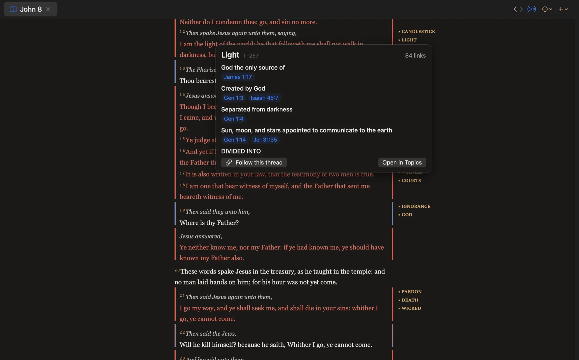 Thread tags in the reader margin, with the Light thread open in a popover listing its verses across Scripture